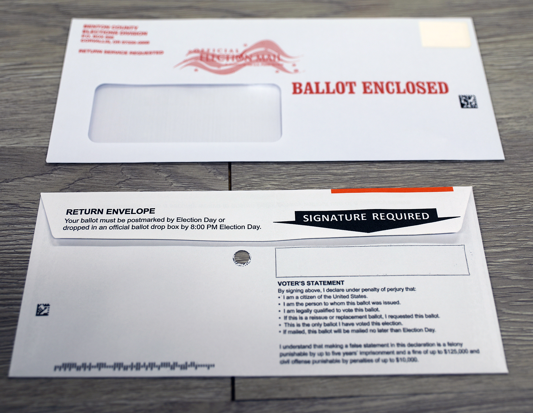 Official voter ballot envelops, showing the red "Ballot Enclosed" text on the outside of the main envelop, and the Signature area to confirm voter's identity on the internal ballot envelope